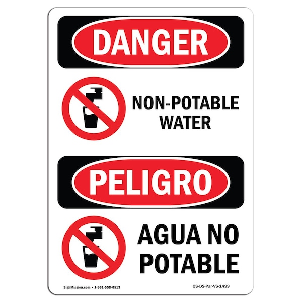 Safety Sign, OSHA Danger, 5" Height, Non-Potable Water Bilingual Spanish, 10PK